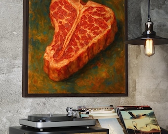 T-Bone Steak Leinwanddruck - Rustikales Fleisch Ölgemälde & rot orange Küche Wandkunst, Butcher Shop Decor, Steakhouse Art, Steak Lover Geschenk