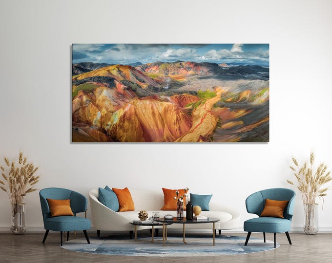 Landmannalaugar Iceland Canvas Print Vibrant Mountain Landscape Wall Art Large Volcanic Highlands Decor Colorful Nature Scene Artwork