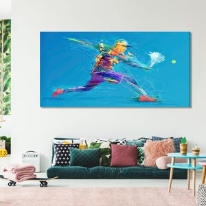 Abstract Tennis Wall Art - Vibrant Sports Artwork, Colorful Tennis Wall Decor, Large Tennis Player Painting, Modern Sports Room Decor Gift