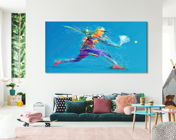 Abstract Tennis Wall Art - Vibrant Sports Artwork, Colorful Tennis Wall Decor, Large Tennis Player Painting, Modern Sports Room Decor Gift