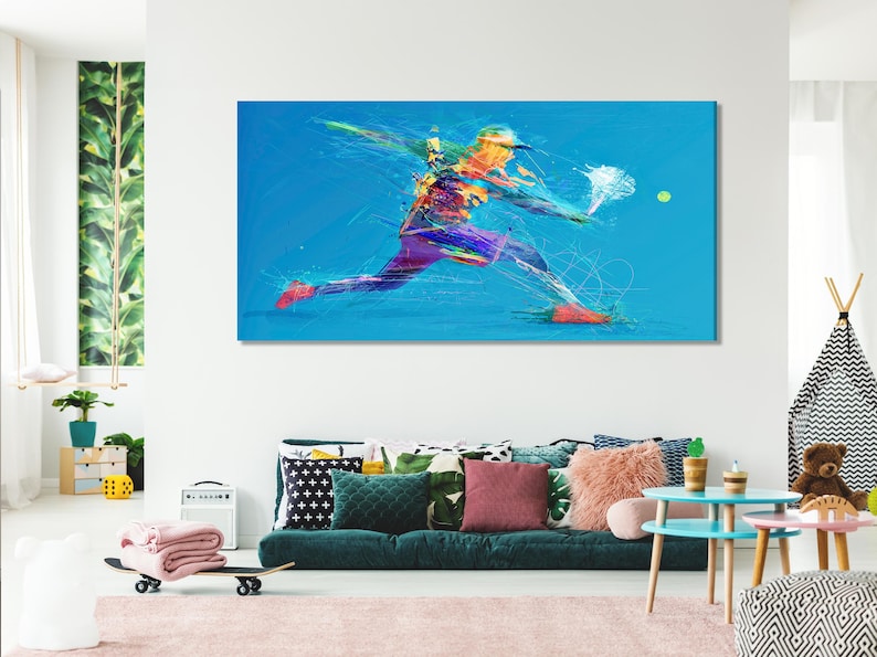 Abstract tennis player in motion on a bright turquoise-blue background with red, purple and gold accents