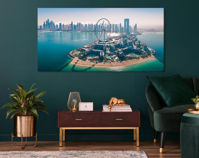 Dubai Skyline Canvas Print, Large Cityscape Wall Art, Aerial View of Bluewaters Island and Ain Dubai, Extra Large Modern Architecture Decor