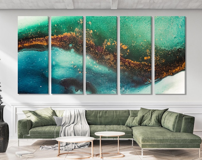 Large Abstract Art - Teal Blue & Emerald Geen Abstract Wall Art, Abstract Painting with Golden Accent, Contemporary Multi Panel Abstract Art