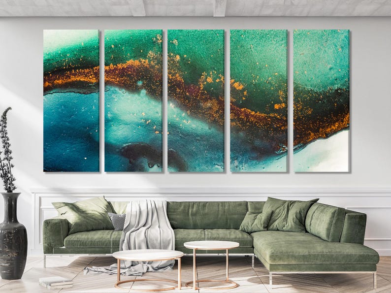 A five-panel teal and emerald abstract artwork shows layered horizon-like bands with glowing golden flecks and a foamy cyan lower edge