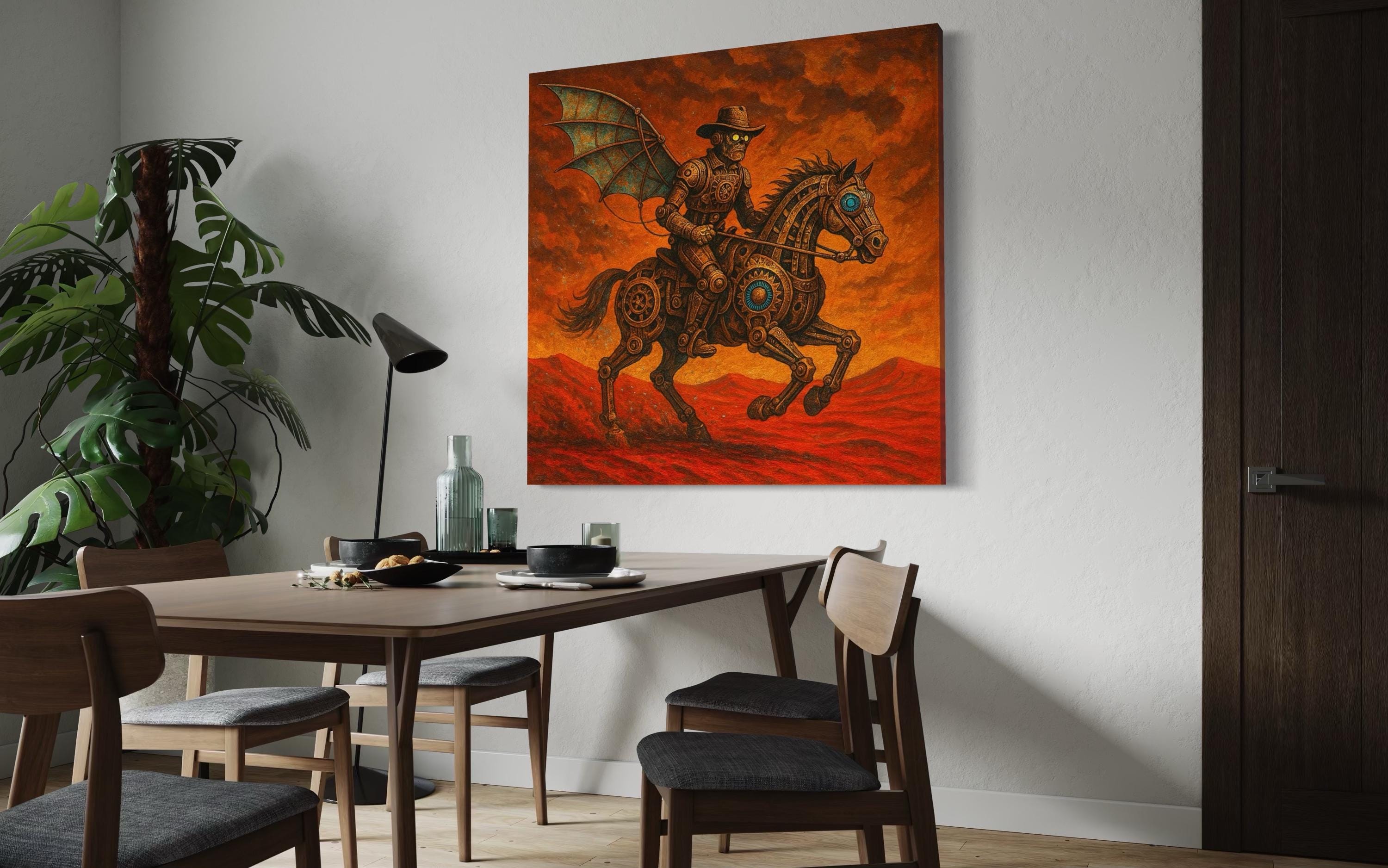 Steampunk cowboy riding a mechanical horse in a fiery orange and red desert scene with turquoise accents detail view