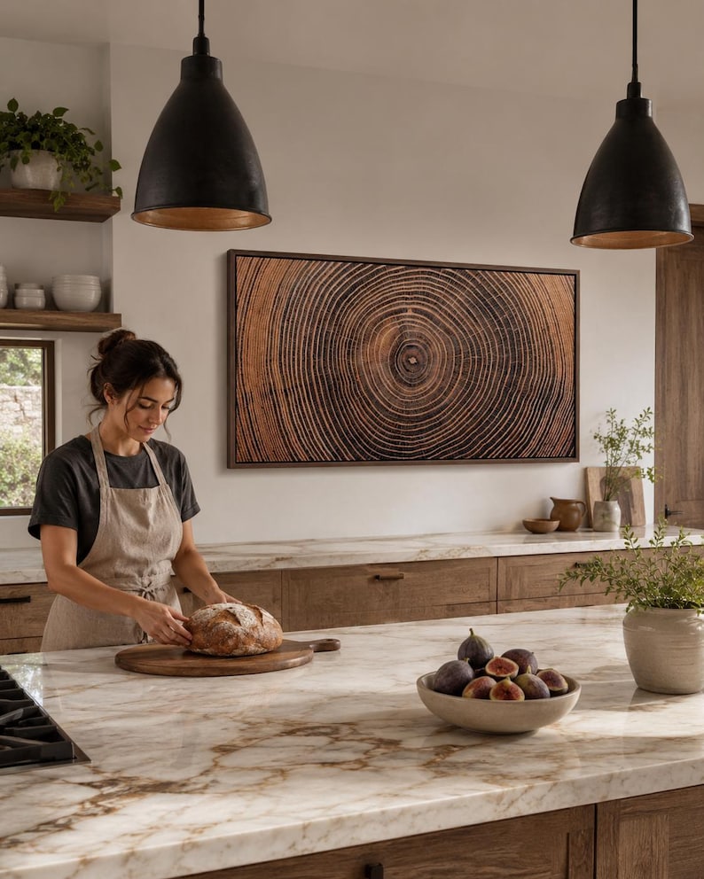 A rectangular wall art piece featuring a detailed, high-contrast wood grain pattern that mimics the concentric rings of a tree trunk cross-section, framed in a dark wood border and mounted horizontally on a plain white wall.