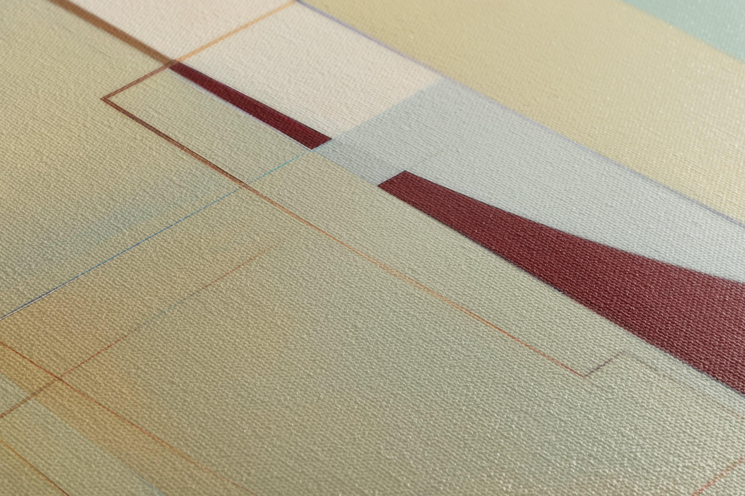 A framed abstract geometric composition combines muted sage and terracotta blocks with cream and burgundy lines in a balanced, mid-century style