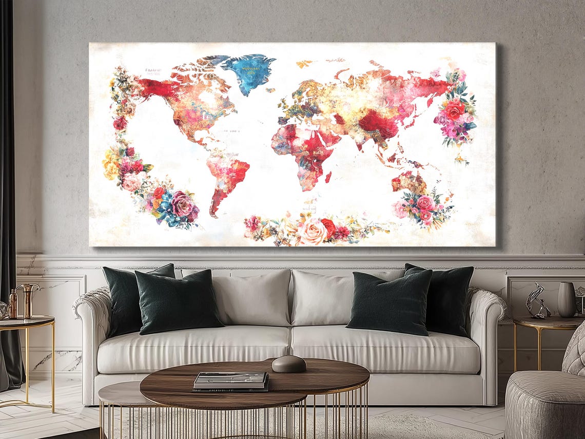 Dining room mockup with multi-panel floral world map artwork above a table