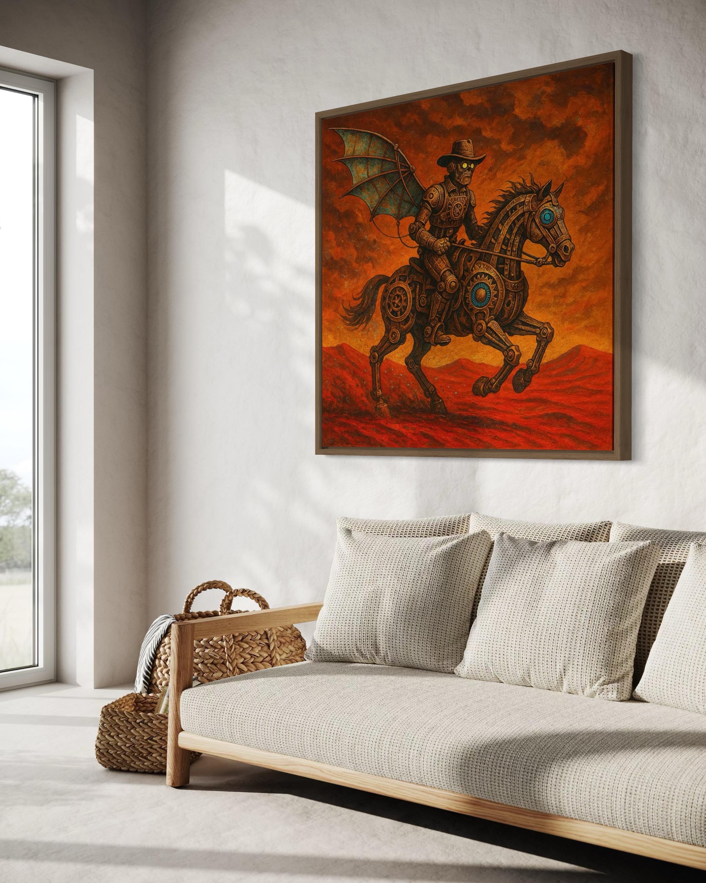 Steampunk cowboy riding a mechanical horse in a fiery orange and red desert scene with turquoise accents detail view