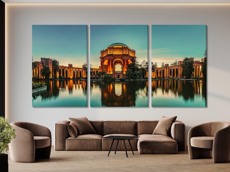 Three-panel sunset architectural scene with a domed pavilion, columns and reflections in calm water