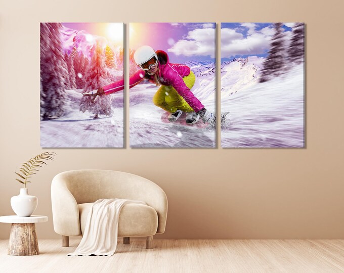 Snowboarder Canvas Print, Winter Sports Wall Art, Action-Packed Snowboarding Scene, Bright Mountain Landscape, Large Adventure Decor