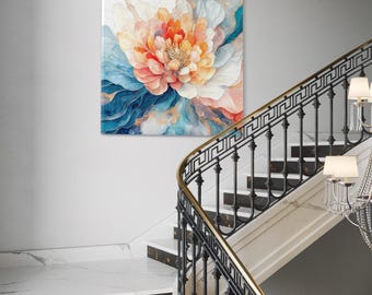Florale Wandkunst - Pfingstrose Leinwanddruck, Aquarell Blumen Kunstwerk, große botanische Malerei, Blühende Blumenkunst für Treppenhaus Dekor