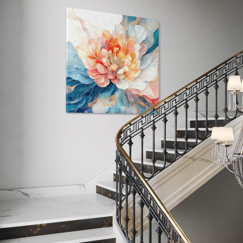 Peony-like floral painting with layered petals in cream, pink and warm orange, set against swirling blue and aqua background