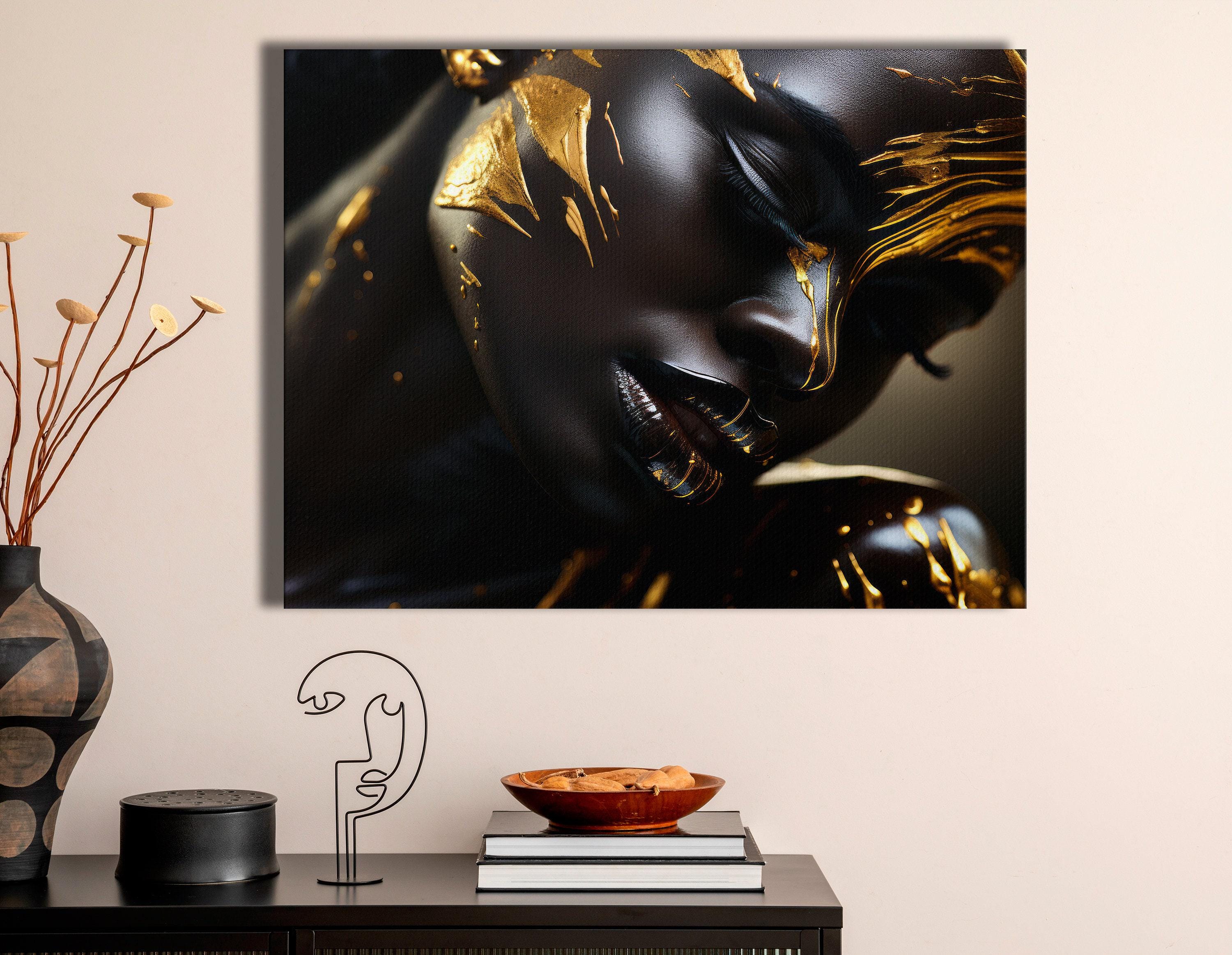 A dark, near-black and gold portrait-style image shows a stylised female figure with dramatic lighting and metallic gold accents detail view