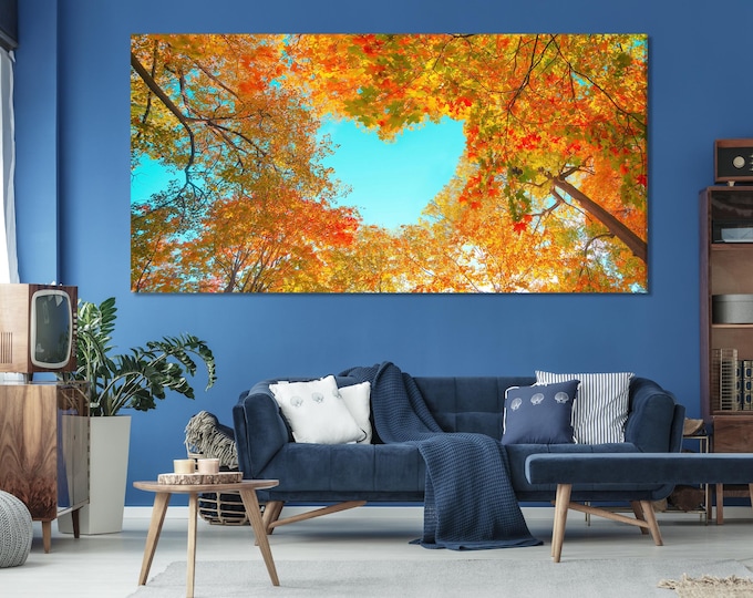 Autumn Forest Canopy Canvas Wall Art, 3-Panel Fall Leaves Print, Vibrant Nature Decor for Living Room, Colorful Fall Trees Wall Art Print