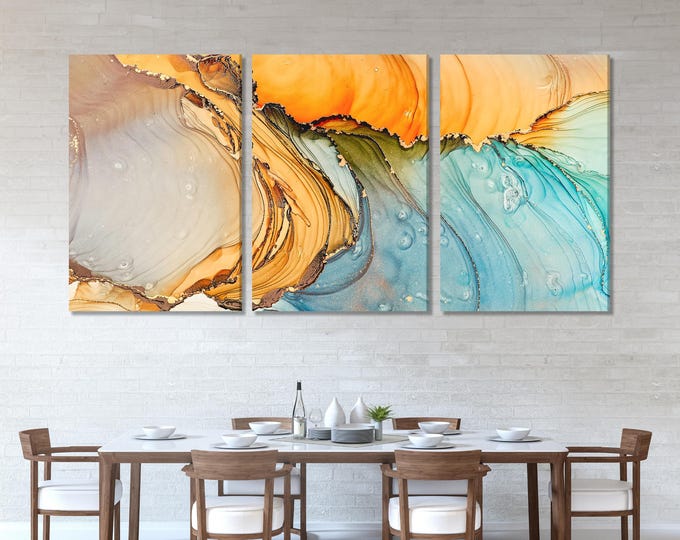Blue & Yellow Abstract Art Orange Teal Marble Wall Art Large Modern Orange and Aqua Artwork Oversized Contemporary Print Kitchen Wall Decor