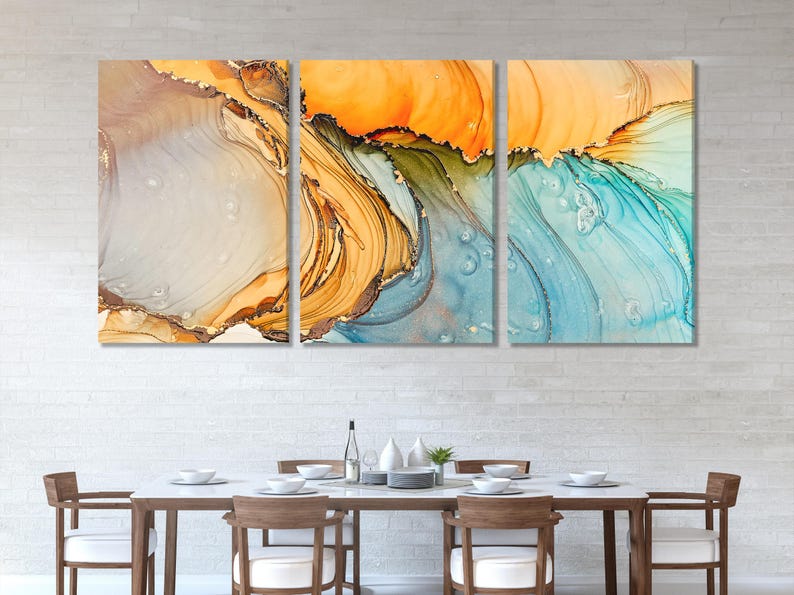 Three-panel abstract marbled artwork with teal, orange and cream swirls and dark veining
