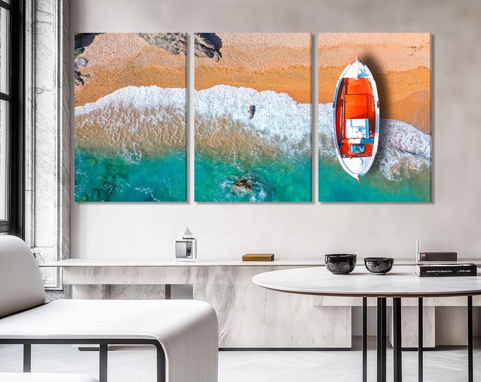 Aegean Island Fishing Boat Canvas, Aerial View of Greek Boat on Turquoise Sea, Crystal Clear Water Wall Art, Coastal Greek Decor Triptych