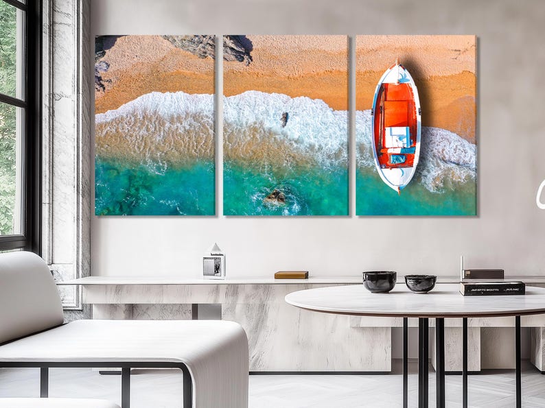Three-panel coastal scene with an orange fishing boat beside turquoise sea and white foam