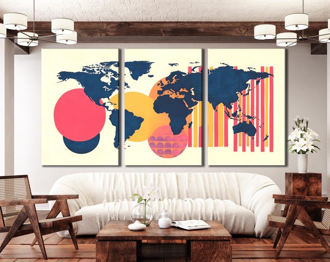 Contemporary Geometric World Map Canvas Abstract Colorful Decor for Office Spaces Modern World Map Artwork Unique Wall Art Gift