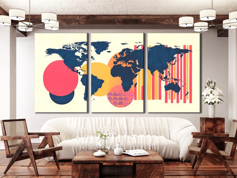 Geometric world map artwork with deep blue continents, coral pink circles and striped accents