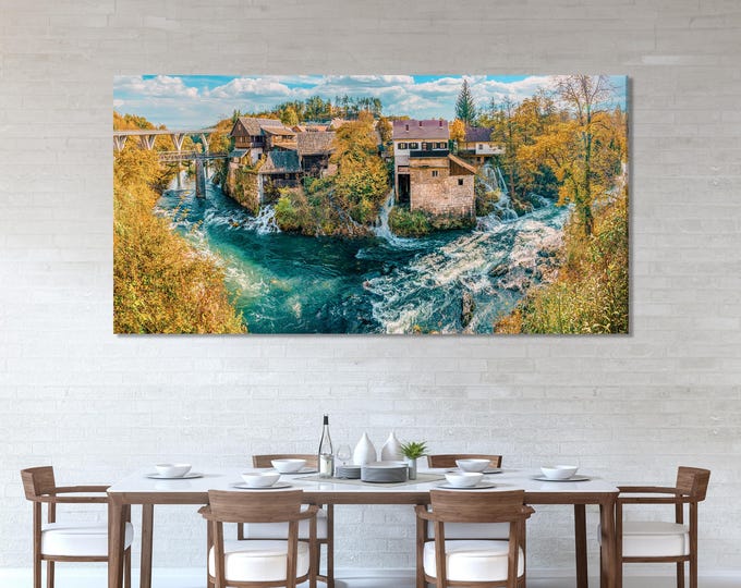 Rastoke Village Canvas Print - Croatia Wall Art, Scenic River and Waterfall Artwork, Large Croatian Landscape Photography, Rustic Autumn Art