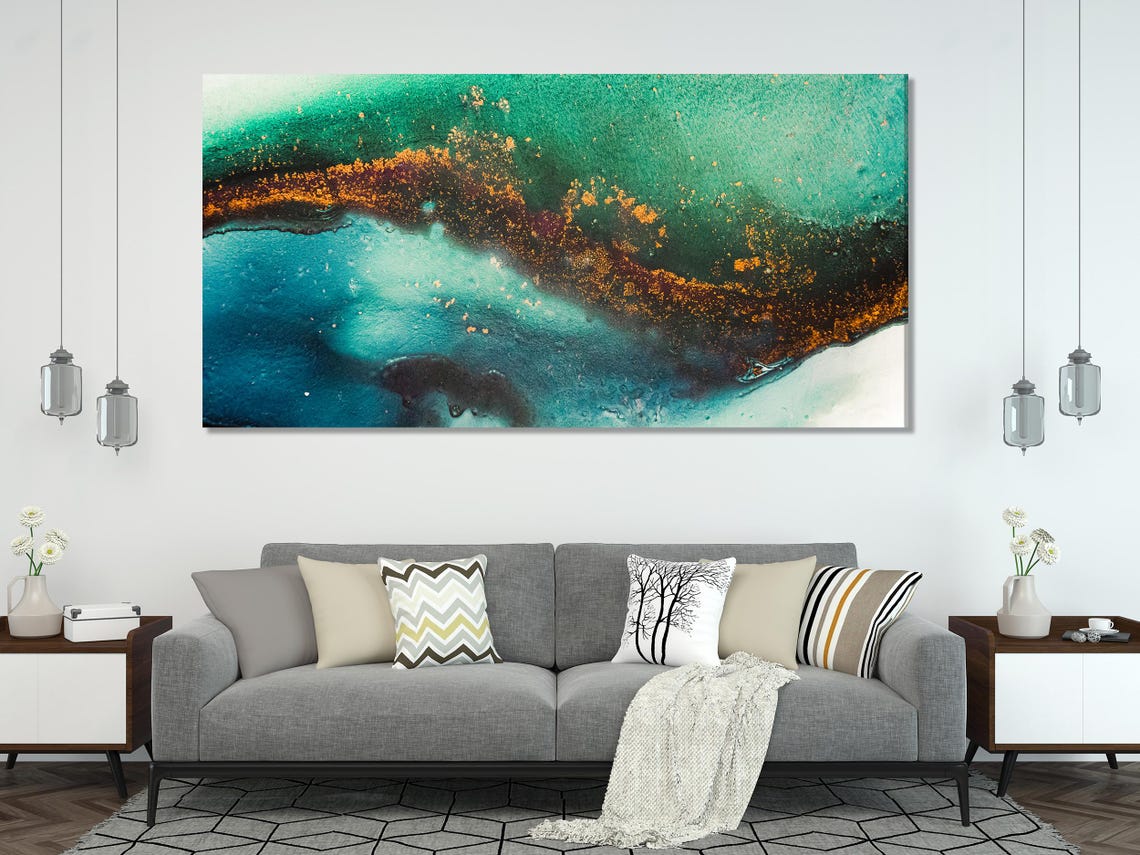 A five-panel teal and emerald abstract artwork shows layered horizon-like bands with glowing golden flecks and a foamy cyan lower edge detail view