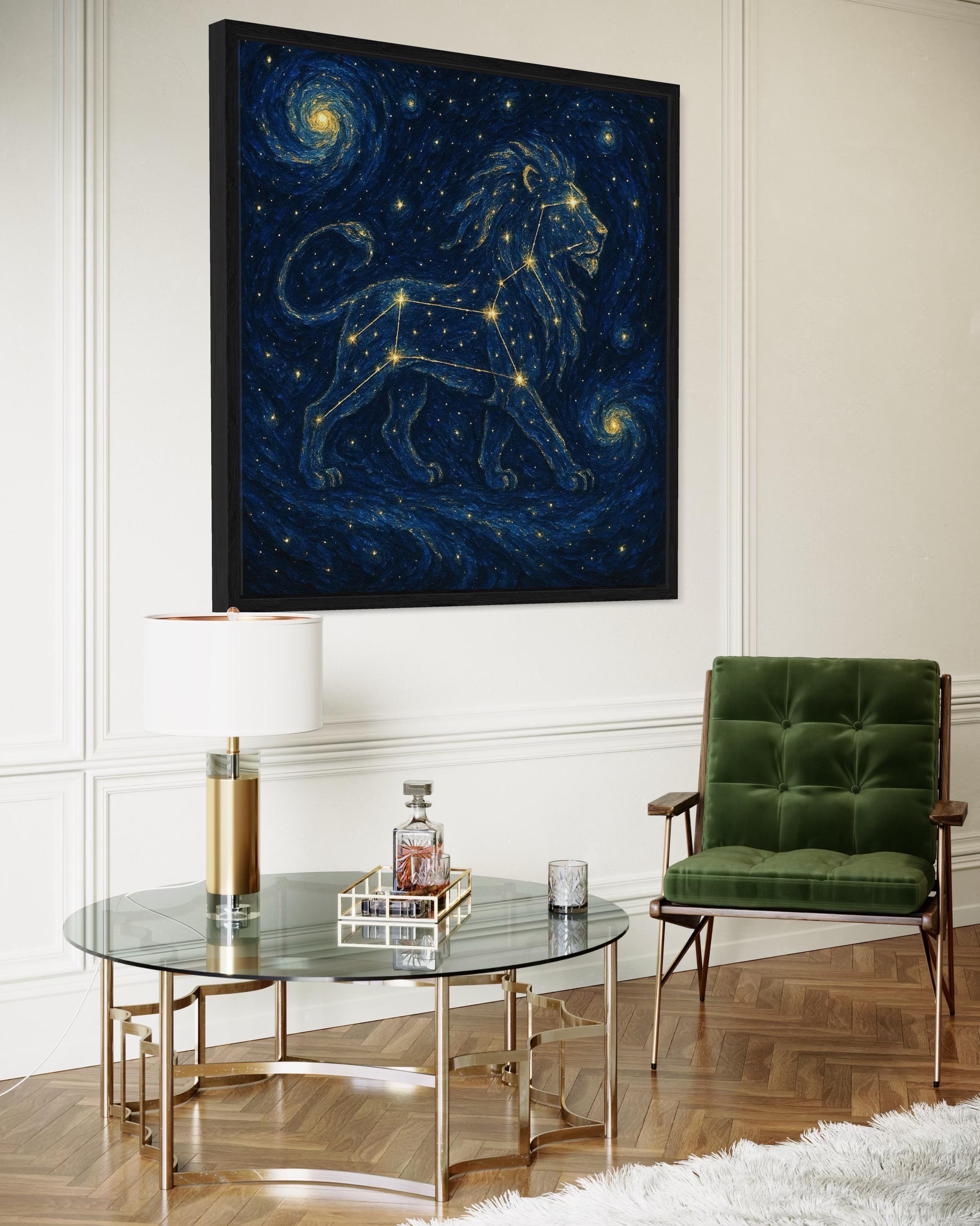 Artwork of a gold constellation lion head in a deep navy starry background above a sideboard