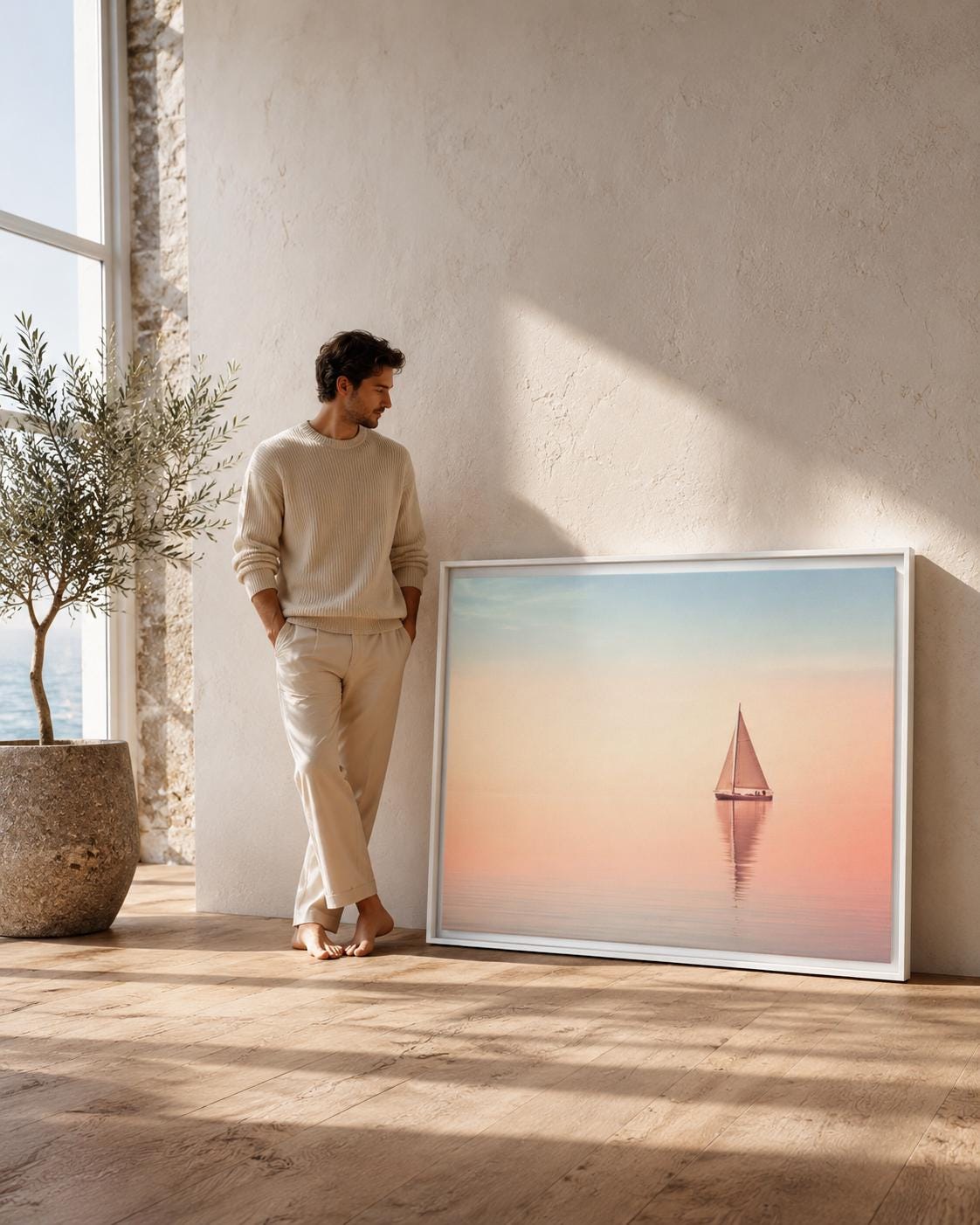 Bedroom scene with a framed pastel sailboat seascape above a bed