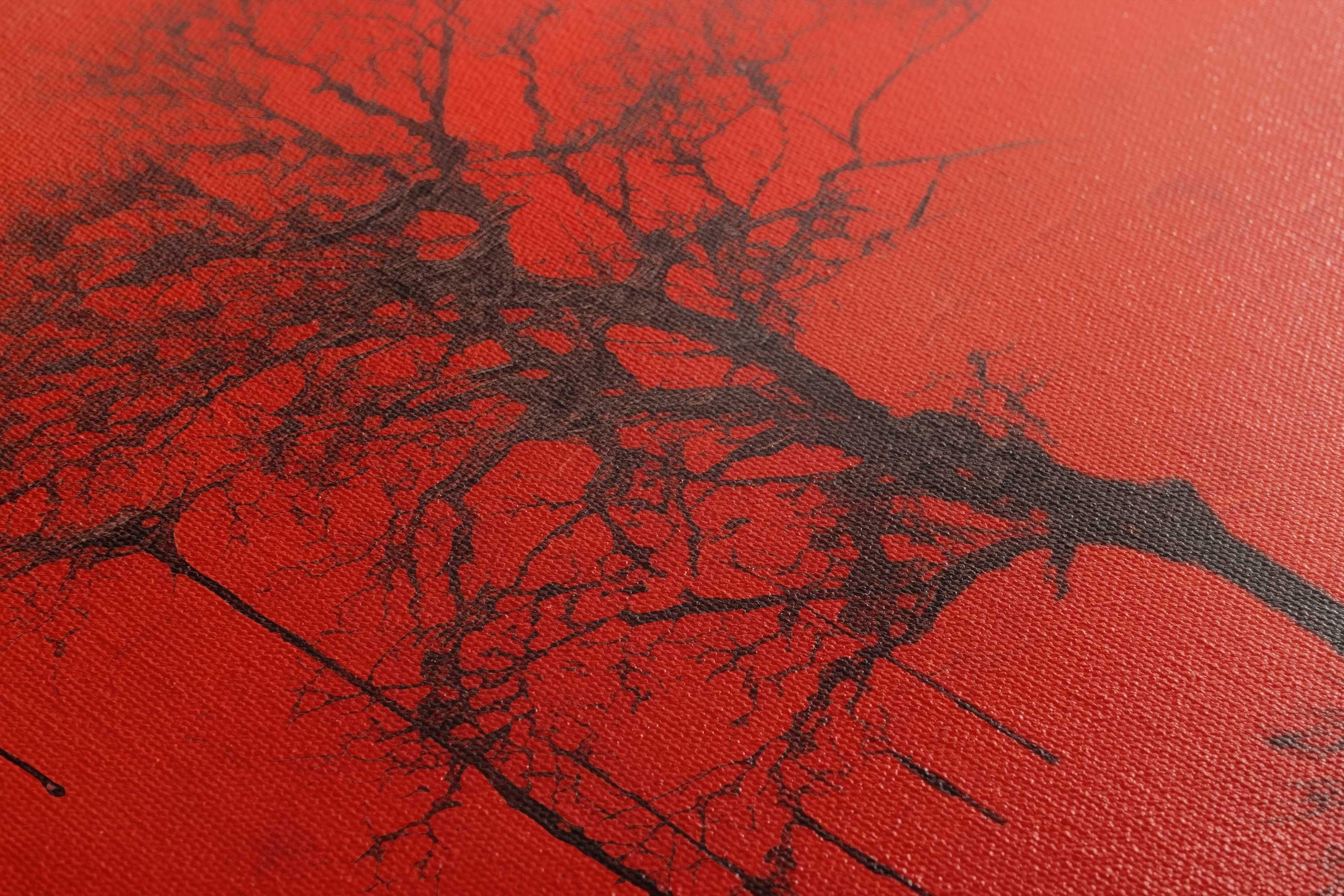 Crimson tree silhouette wall art with dark branches and dripped charcoal details detail view