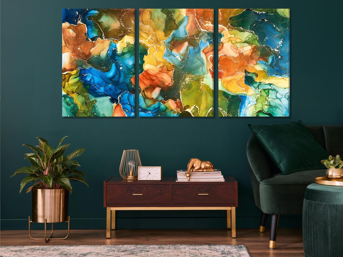 Room mockup showing an abstract ink-style artwork above a sofa