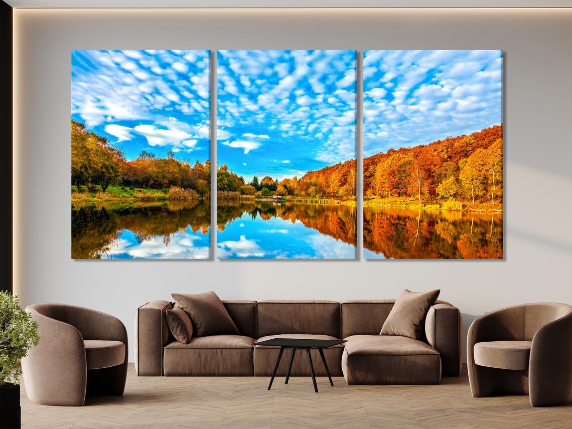 Room mockup with beige sofa and a five-panel autumn lake landscape artwork above