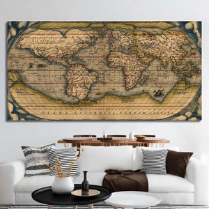 May include: An antique world map with a vintage aesthetic. The map is printed on parchment paper with brown, blue, and gold accents. The map shows the continents of North America, South America, Europe, Asia, Africa, and Australia. The map is surrounded by a blue border with a gold frame.