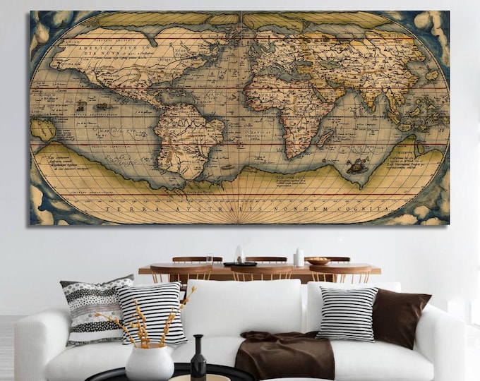 Vintage World Map Canvas Print – Antique Old World Map Wall Art, Sepia & Ocean Blue Atlas, Large Horizontal Decor for Office or Library