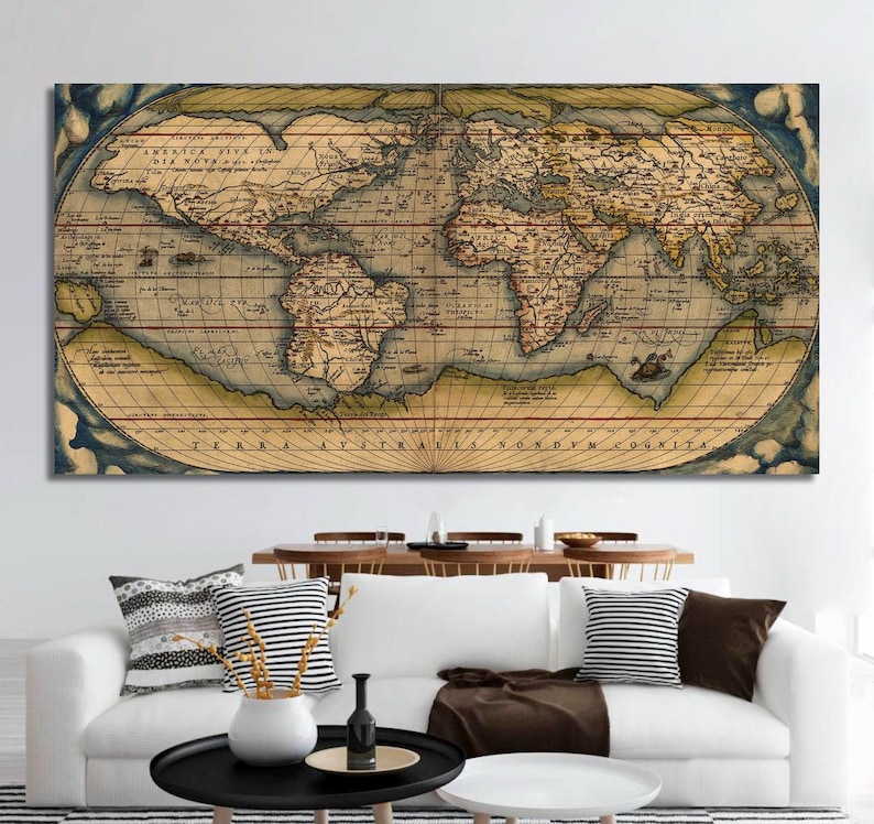 An antique-style world map fills the scene, showing continent shapes in sepia and muted teal with ornate borders and compass-line detailing