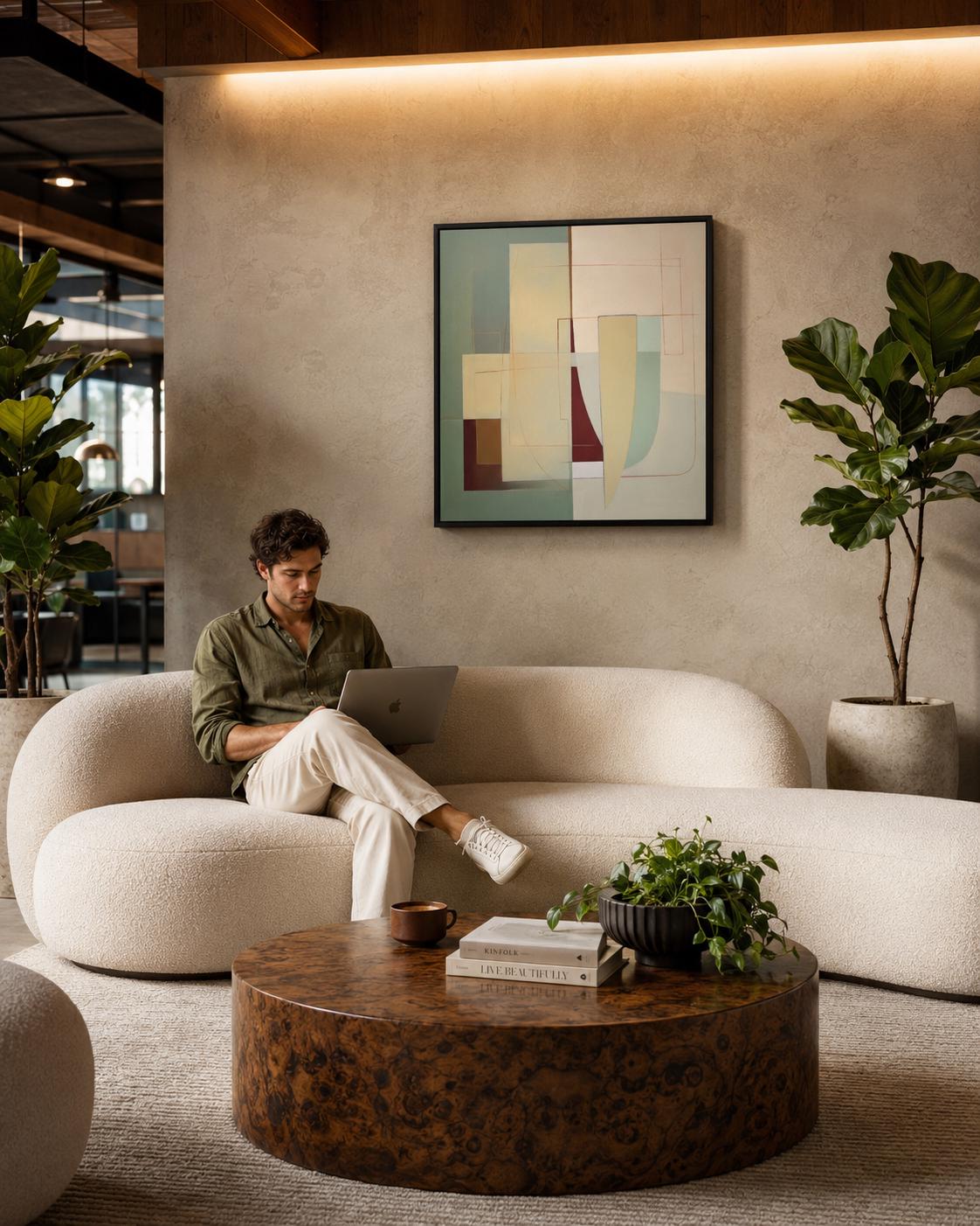 A framed abstract geometric composition combines muted sage and terracotta blocks with cream and burgundy lines in a balanced, mid-century style