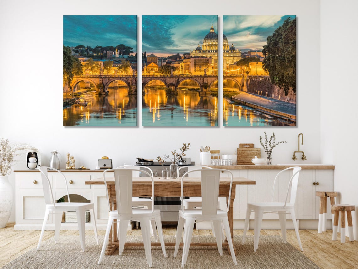 Room mockup showing a set of vertical twilight cityscape artworks above a sofa