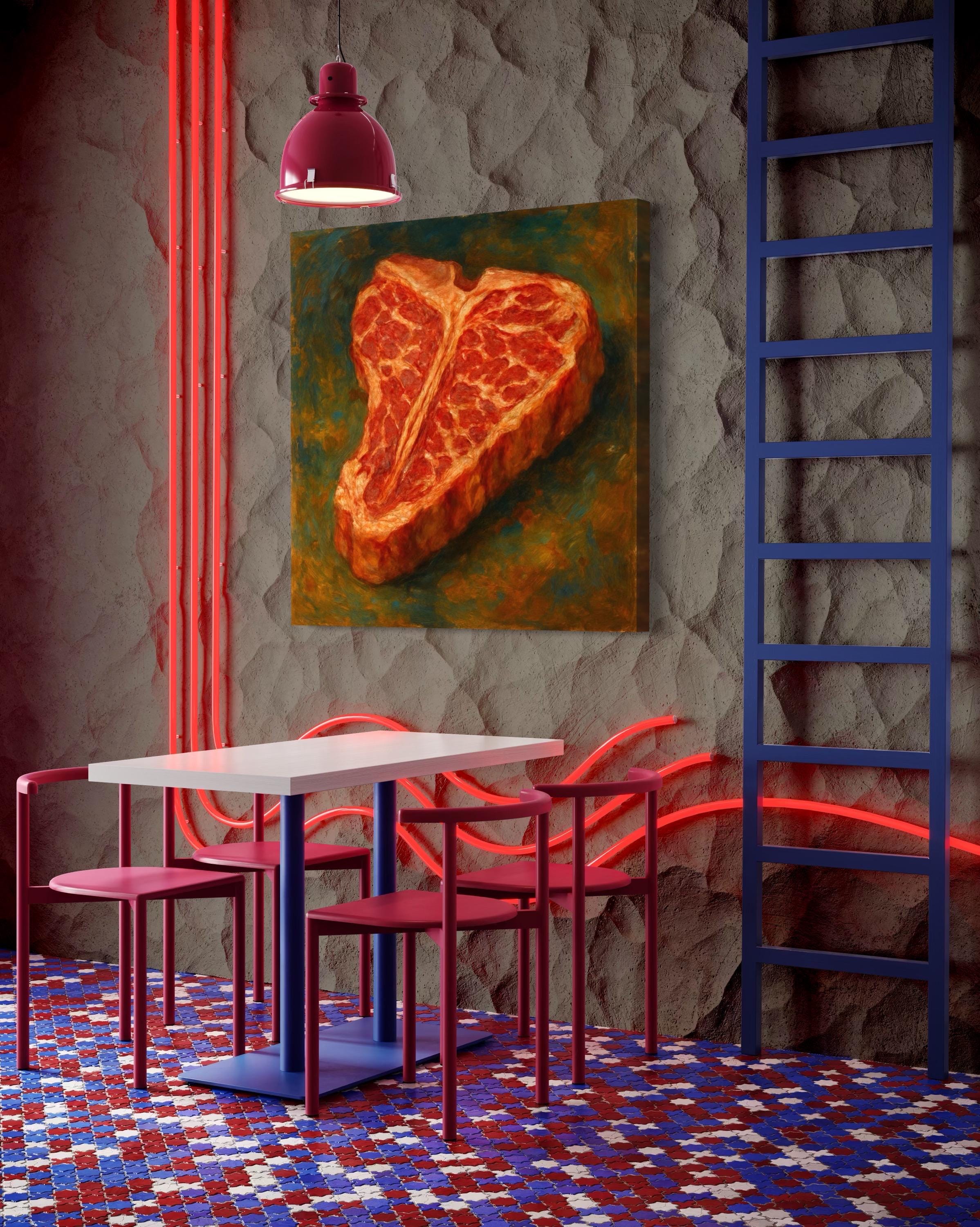 Painterly red-orange t-bone steak with marbled texture against a mottled green background detail view
