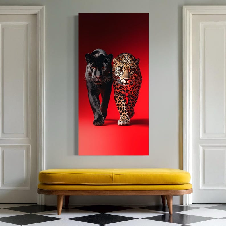 Väggkonst med svart panter och leopard - Violett röd canvastavla med vilda djur, samtida konsttryck, fotografi av vilda djur, konst med vilda stora katter bild 4