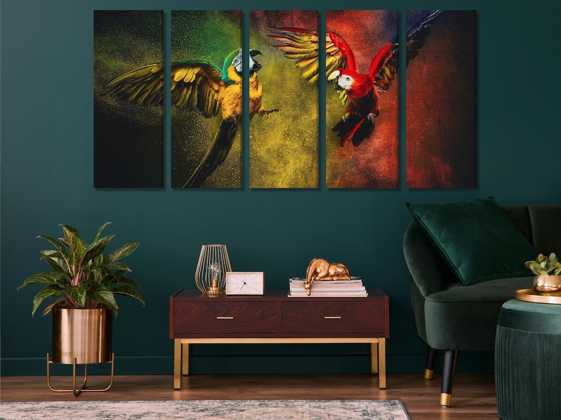 Two vividly coloured macaws fly towards each other over swirling green, yellow, red and dark speckled background detail view