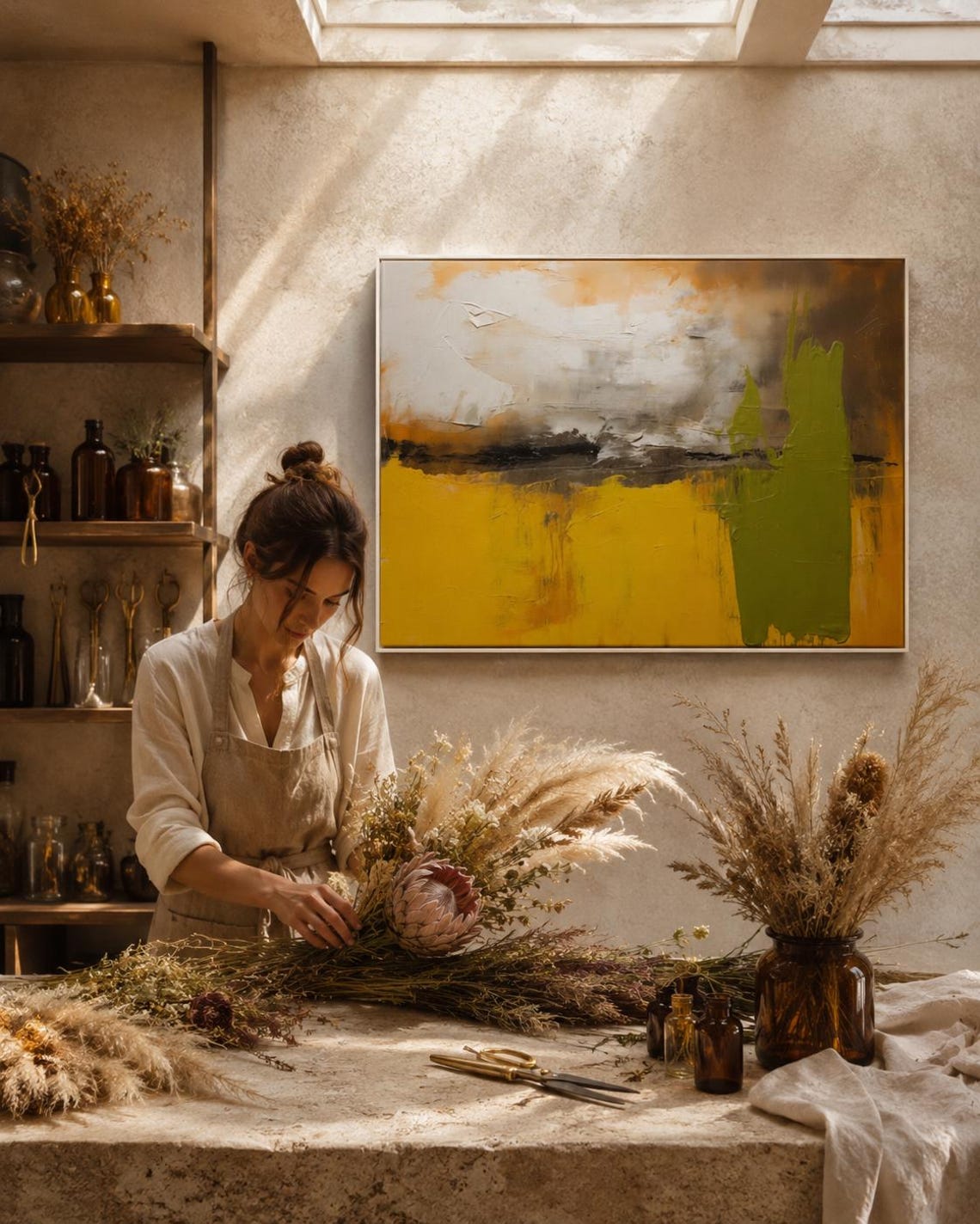 Abstract painting in mustard yellow, olive green, cream and dark charcoal with textured brush marks detail view