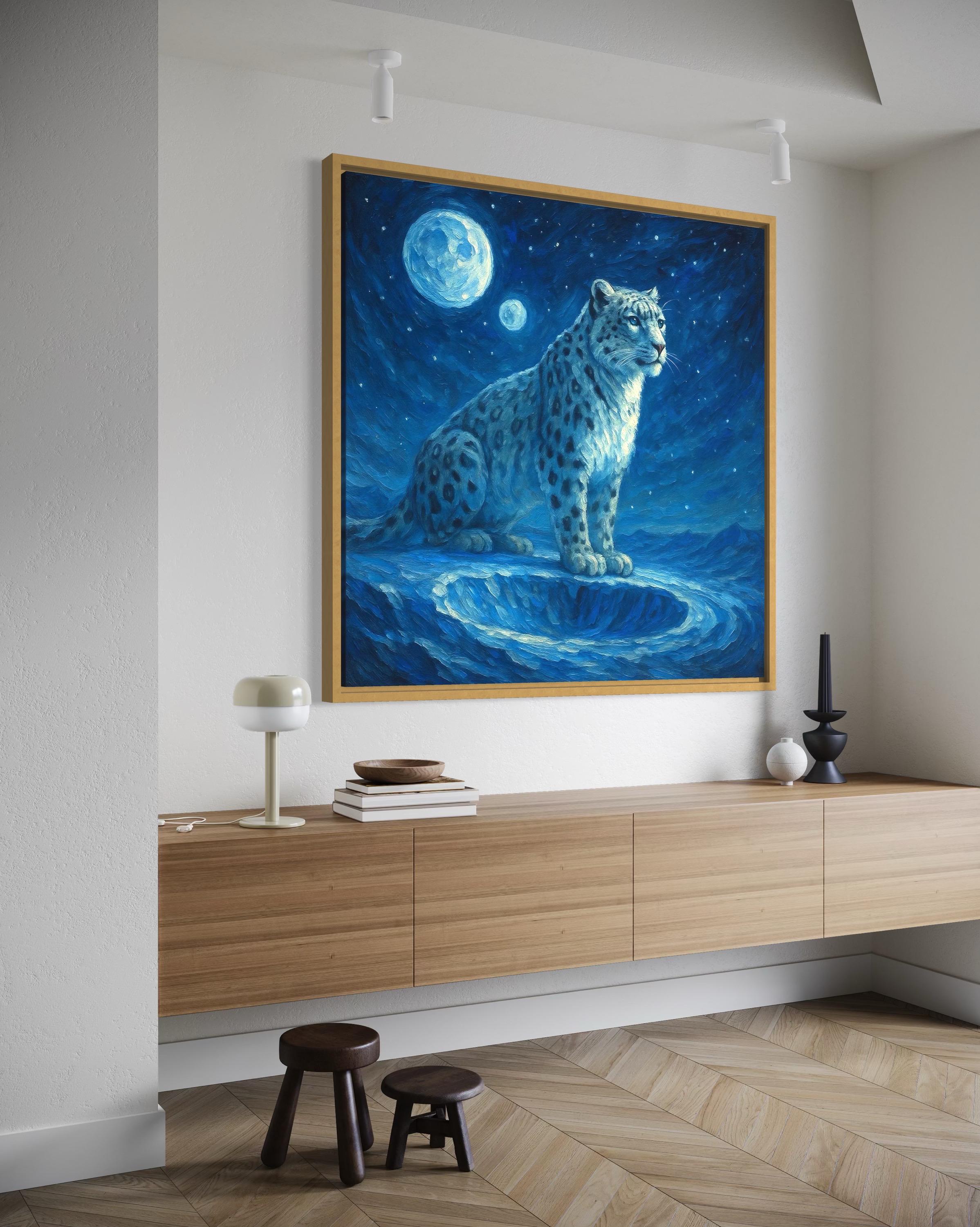 A snow leopard sits on a blue ledge beneath a glowing moon and starry night sky detail view