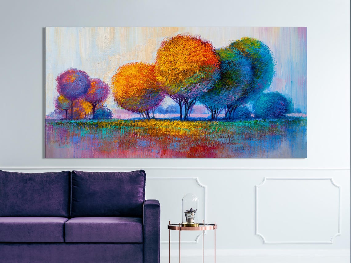 Colourful abstract tree landscape across five panels with textured blue sky and vibrant foliage detail view