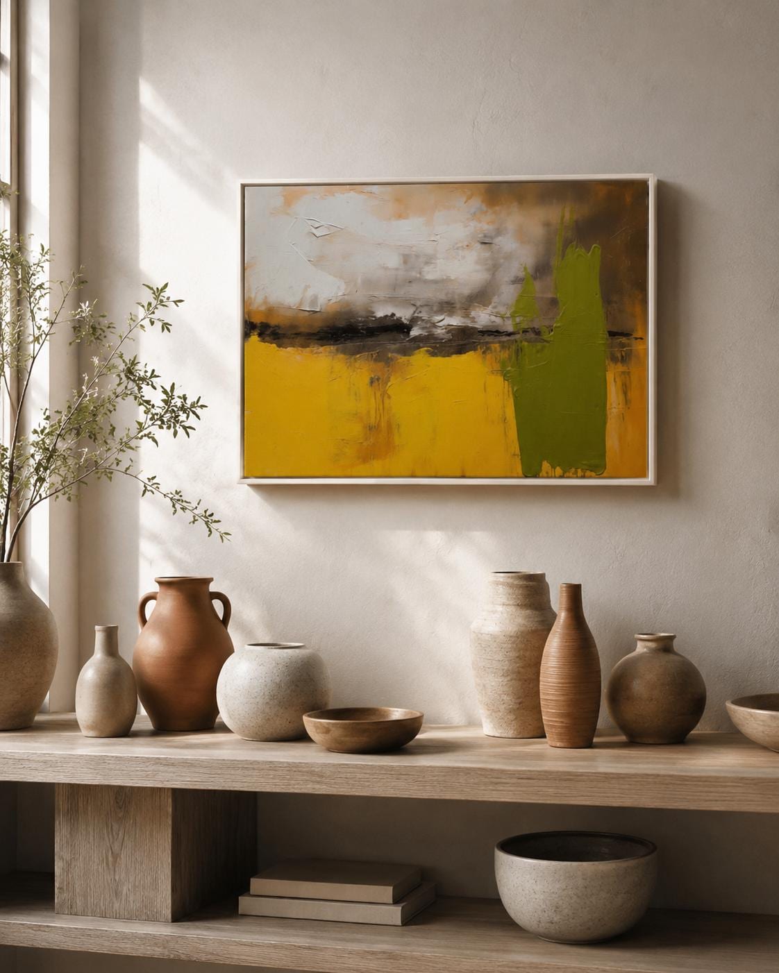 Abstract painting in mustard yellow, olive green, cream and dark charcoal with textured brush marks detail view
