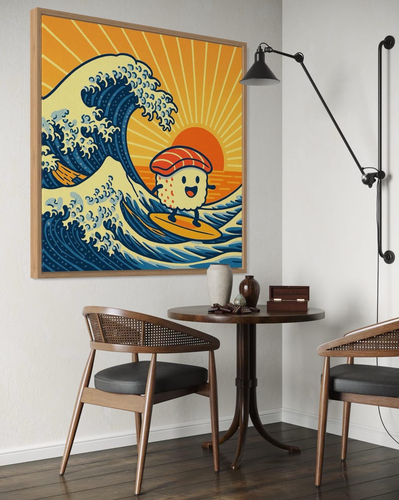 Cartoon character riding ocean waves with a sunburst background