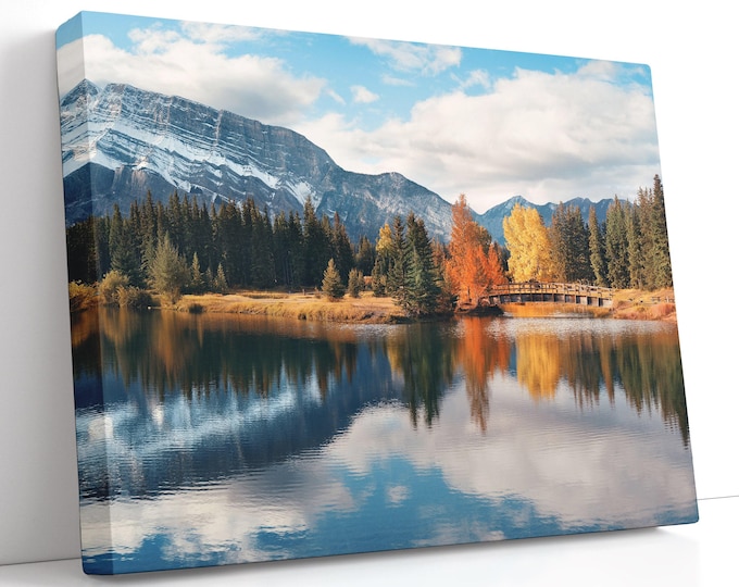Mountain Lake Canvas Print – Autumn Pines, Snow‑Capped Peak and Wooden Bridge, mirrored water, Wall Decor for Living Room, Gift for Hiker