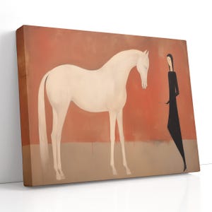 White Horse & Minimalist Woman Canvas Art – Modern Terracotta Figurative Painting, Mid-Century Boho Equine Wall Decor, Gift for Horse Lover image 1