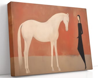 White Horse & Minimalist Woman Canvas Art – Modern Terracotta Figurative Painting, Mid-Century Boho Equine Wall Decor, Gift for Horse Lover