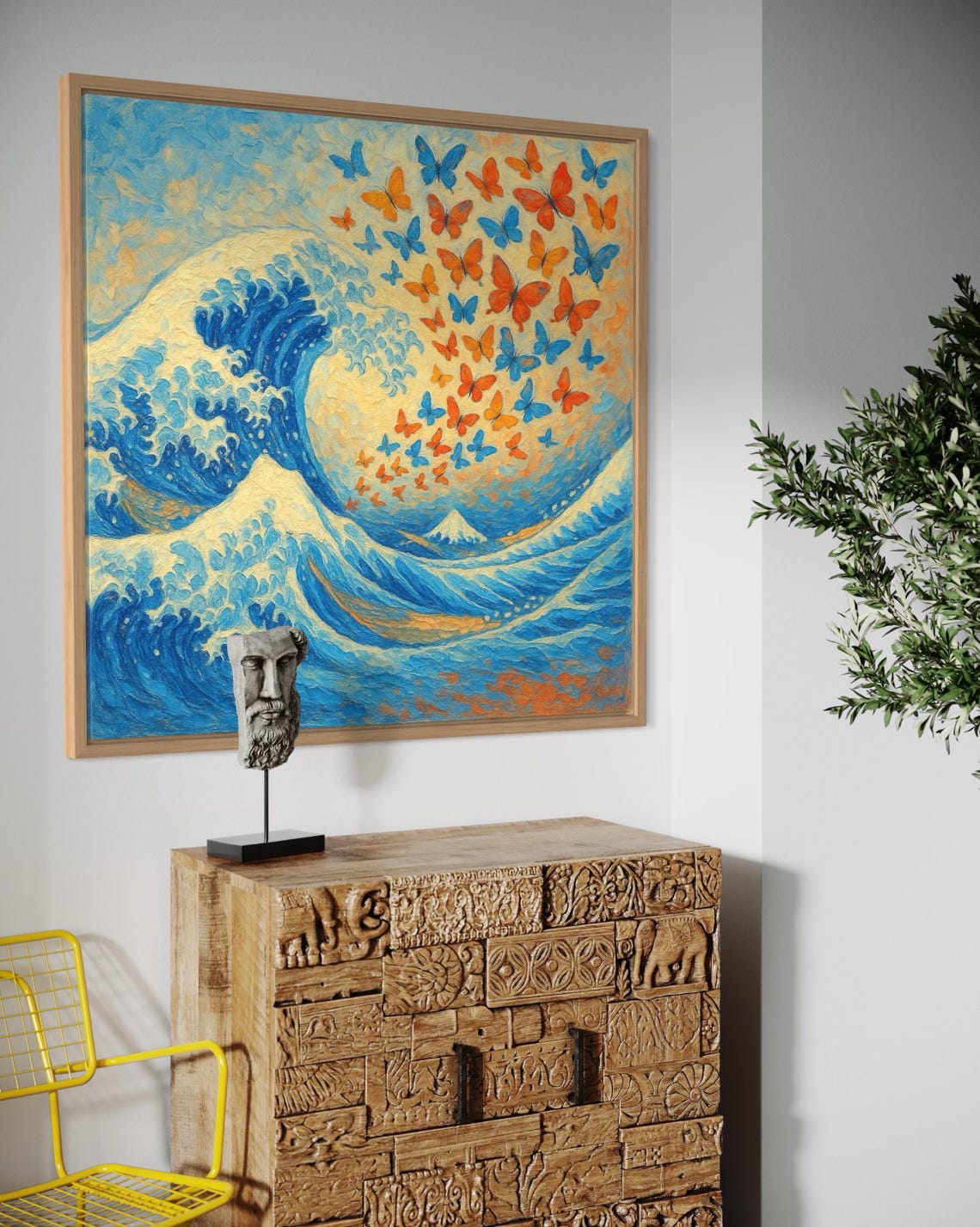 Painterly ocean wave in blue with scattered orange and blue butterflies on a pale background detail view