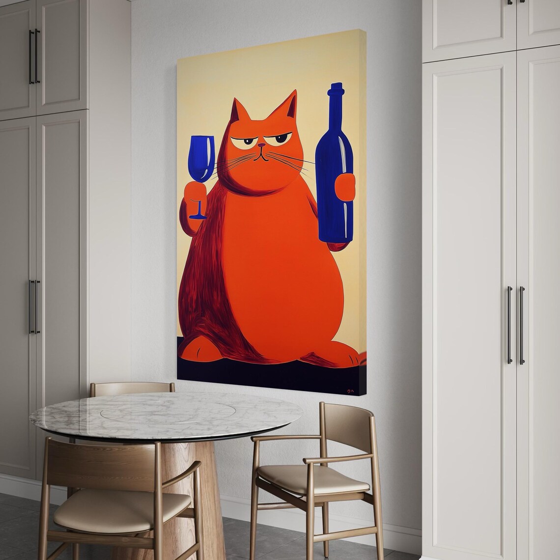 Stylised orange cat holding a blue wine glass beside a blue wine bottle on a beige background detail view